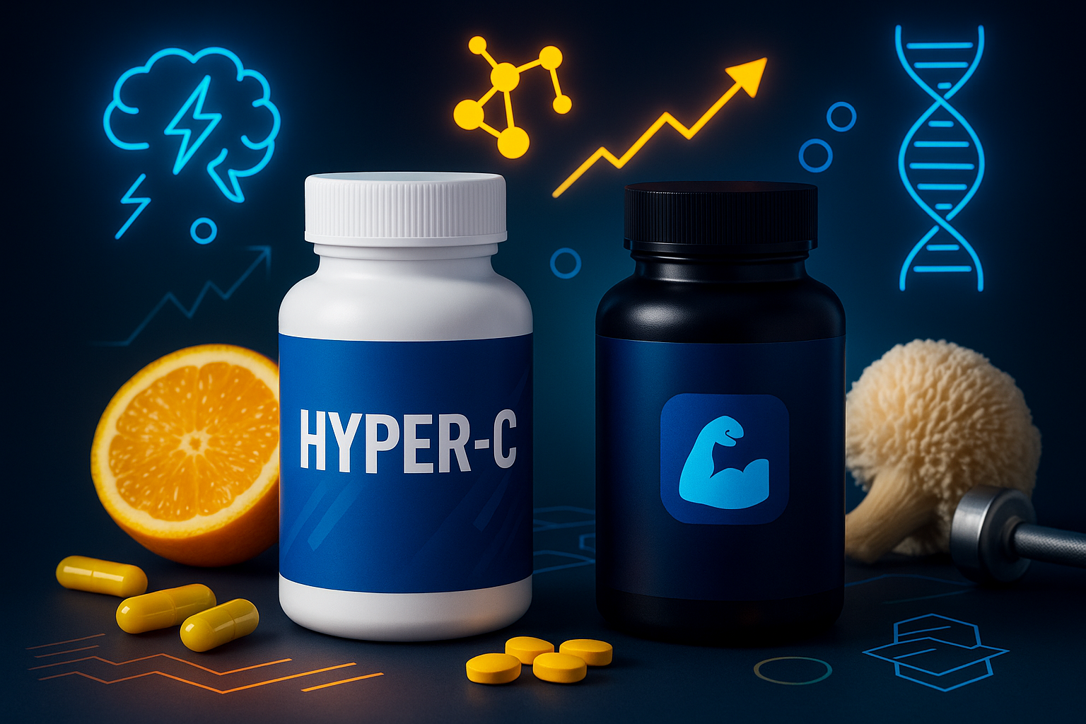 Premium supplement bottles with scientific formulas